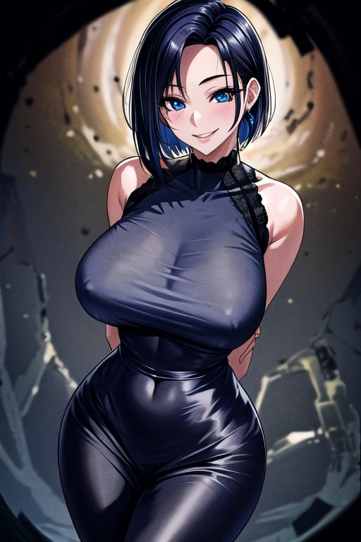 masterpiece, best quality, solo, 1girl, (arms behind back:1.1),dark tunnel,looking at viewer,smile,gigantic_breast, blue eyes, black hair,  mesh  dress, from above