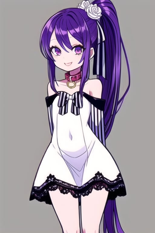 masterpiece, best quality, (solo:1.3), 1girl , arms behind back,looking_at_viewer,loli,mini_girl,purple_hair,long_sleeves,long_ponytail,smile,sleeveless dress, whitedress, flat chest,hair_ornament, bowtie, collar, off_shoulder, lace, striped, fashion show