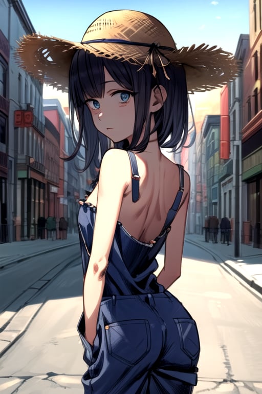 masterpiece, best quality, (solo:1.3),loli,golden hour lighting,street corner,big straw hat,arms_behind_back,dungarees only,,black_hair,looking_at_viewer,