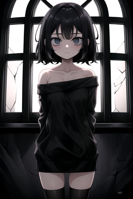 masterpiece, best quality, (solo:1.1), 1girl , arms behind back,looking_at_viewer,horror theme,sweater,(mini_girl:1.3), off_shoulder,loli,black stockings,window, reflection,broken glass,