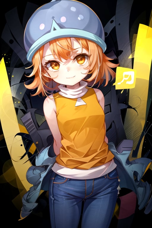 masterpiece, best quality, (solo:1.3), 1girl , arms behind back,looking_at_viewer, orange_hair, smile,SoraDef, orange eyes, sleeveless, shirt, jeans, helmet, short hair,yellow shirt,loli,data streaming background