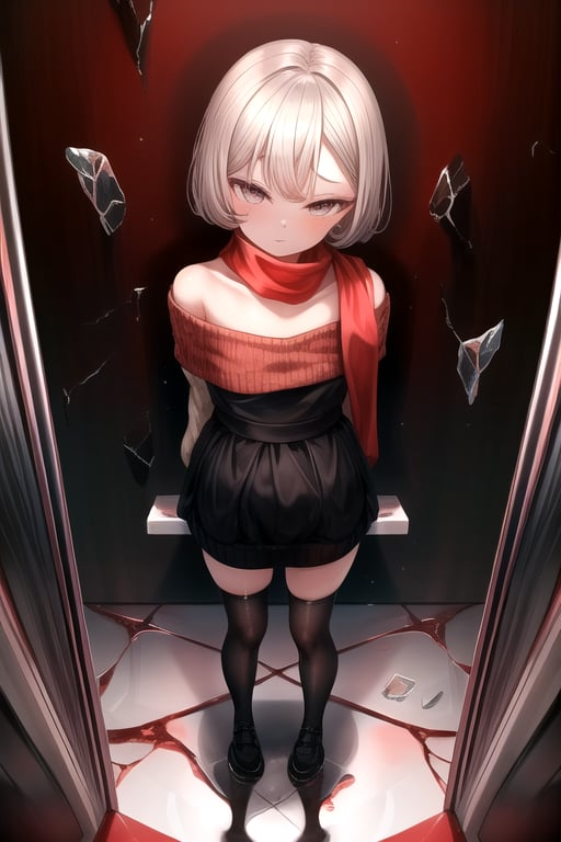 masterpiece, best quality, (solo:1.1), 1girl , arms behind back,looking_at_viewer,horror theme,sweater,(mini_girl:1.3), off_shoulder,loli,black stockings, reflection,broken glass,red scarf,short_hair,IncrsBrknGls