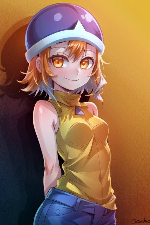 masterpiece, best quality, (solo:1.3), 1girl , arms behind back,looking_at_viewer, orange_hair, smile,SoraDef, orange eyes, sleeveless, shirt, jeans, helmet, short hair,yellow shirt,loli,data space background