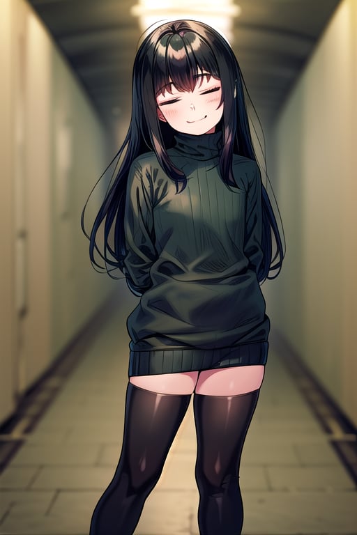 masterpiece, best quality, solo, 1girl, (arms behind back:1.1),loli,dark tunnel,looking at viewer,long_hair,  black_hair, closed_eyes,(green sweater:1.3),smile,  sleeves_past_wrists,  turtleneck, closed_mouth, bangs, ,flat_chest,long_sleeves,(black legswear:1.3),oversized_clothing,(little girl:1.2),