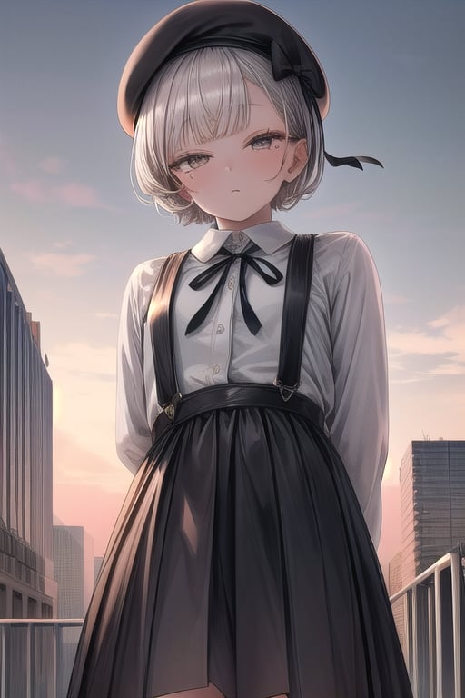 masterpiece, best quality,solo,1girl, looking at viewer, arms behind back , loli,suspender_skirt,  brown_eyes,  long_sleeves, dusk park background, collared_shirt,  black_ribbon, bow, mole_under_eye, beret,gray hair,white hair flower