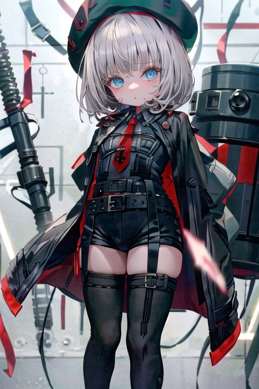 masterpiece, best quality, solo, 1girl, (arms behind back:1.1),loli,dark tunnel,looking at viewer, vesti (nikke),red necktie,black bodysuit, black thighhighs, cape, long sleeves, beret, black shorts,belt