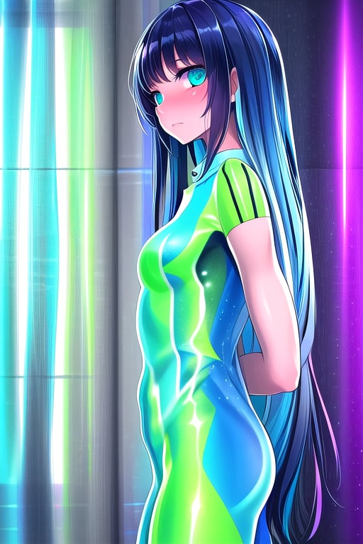 masterpiece, best quality,solo,1girl, looking at viewer, (arms behind back:1.3),green and blue style,multiple screen backgrounds,fusion of transparent raincoat and neon lights