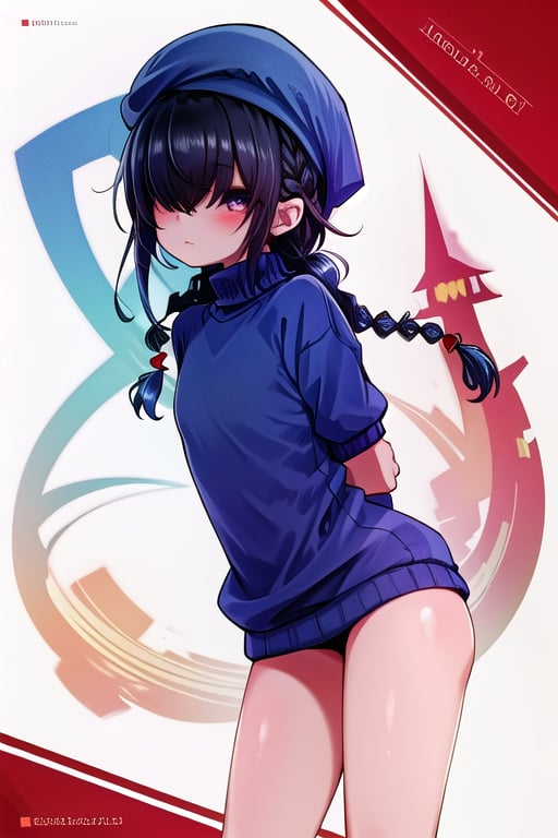 masterpiece, best quality, solo, 1girl, (arms behind back:1.1),loli,dark tunnel,looking at viewer,black_hair, (blue sweater:1.3),( red cap:1.2),short sleeves, closed_mouth, dark_skin,coverd_eyes,bare legs,long_braid,(single_braid:1.2),Hair over eyes,oversized_clothes,