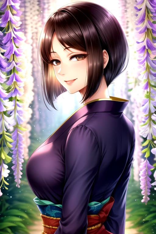 masterpiece, best quality, (solo:1.1), 1girl , arms behind back,looking_at_viewer,japan_dress,brown hair,white bows,wisteria forest background,symmetrical,in purple and black style,obi,smile,curvy