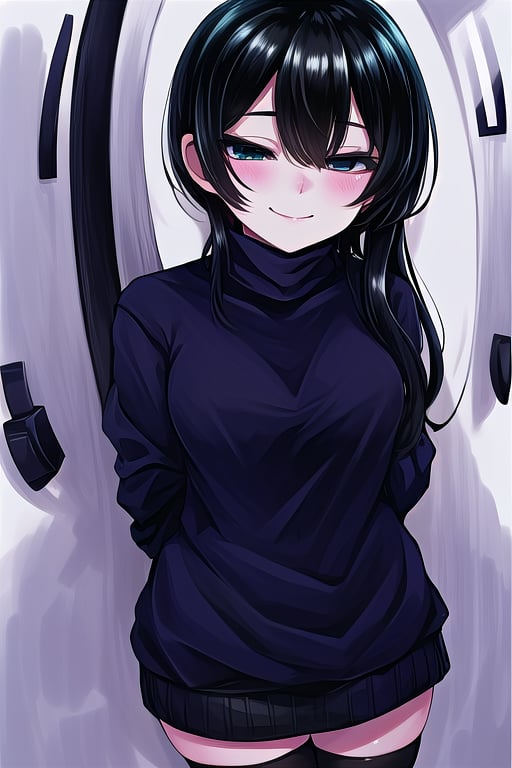 masterpiece, best quality, solo, 1girl, (arms behind back:1.1),loli,dark tunnel,looking at viewer,long_hair,  black_hair, closed_eyes,green sweater,smile,  sleeves_past_wrists,  turtleneck, closed_mouth, bangs, long_sleeves,stockings