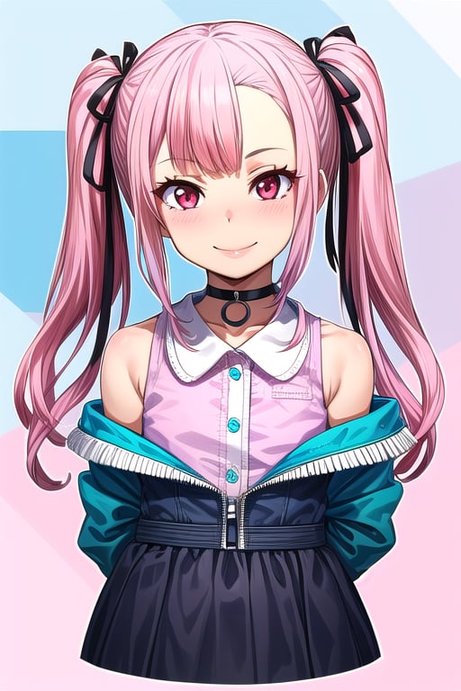 masterpiece, best quality,solo, cosplay, 1girl, black  hair,little girl,loli,mesugaki,looking at viewer,smile,in dark hole, arms behind back ,choker,off_shoulders,pink  streaked hair, twin_tails,collared_shirt,cropped_jacket,blue elbow_gloves