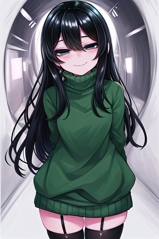 masterpiece, best quality, solo, 1girl, (arms behind back:1.1),loli,dark tunnel,looking at viewer,long_hair,  black_hair, closed_eyes,green sweater,smile,  sleeves_past_wrists,  turtleneck, closed_mouth, bangs, long_sleeves,stockings