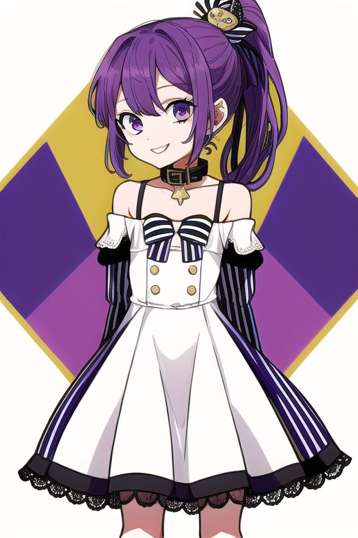 masterpiece, best quality, (solo:1.3), 1girl , arms behind back,looking_at_viewer,loli,mini_girl,purple_hair,long_sleeves,long_ponytail,smile,sleeveless dress, whitedress, flat chest,hair_ornament, bowtie, collar, off_shoulder, lace, striped,in fashion show,on catwalk