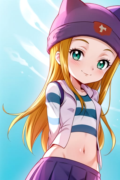 masterpiece, best quality, (solo:1.3), 1girl, loli, arms behind back,looking_at_viewer,OrimotoIzumi,  purple vest,horizontal striped shirt, beanie, cat hat, green eyes, purple  skirt,smile, blonde,