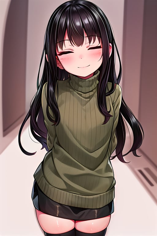 masterpiece, best quality, solo, 1girl, (arms behind back:1.1),loli,dark tunnel,looking at viewer,long_hair,  black_hair, closed_eyes,green sweater,smile,  sleeves_past_wrists,  turtleneck, closed_mouth, bangs, long_sleeves,stockings