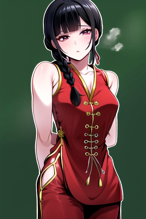 masterpiece, best quality, (solo:1.1), 1girl ,looking at viewer,(arms behind back :1.3),  collarbone,sleeveless dress, , red chinese dress,black long pants, black hair,curvy,black obi,(single braid:1.3),wind_chime theme