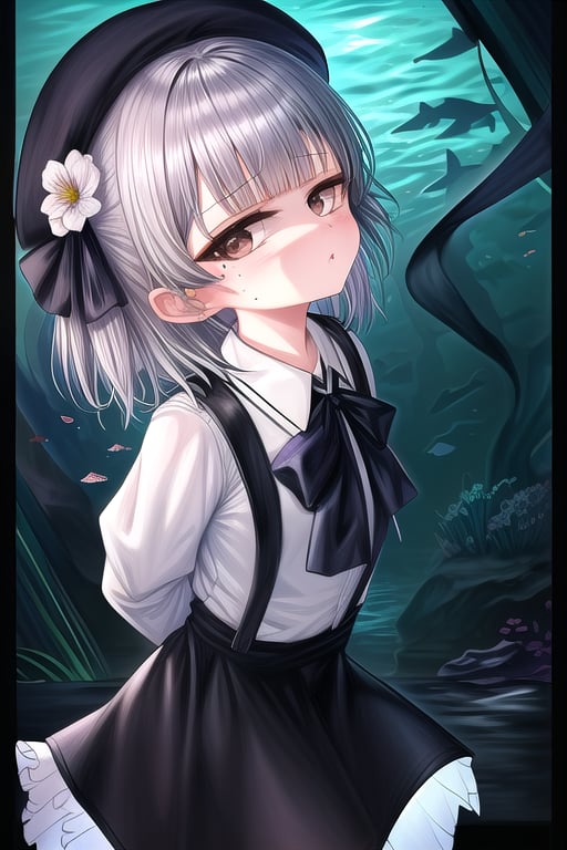 masterpiece, best quality,solo,1girl, looking at viewer, arms behind back , night theme,loli,suspender_skirt,  brown_eyes,  long_sleeves, aquarium background, collared_shirt,  black_ribbon, bow, mole_under_eye, beret,gray hair,white hair flower