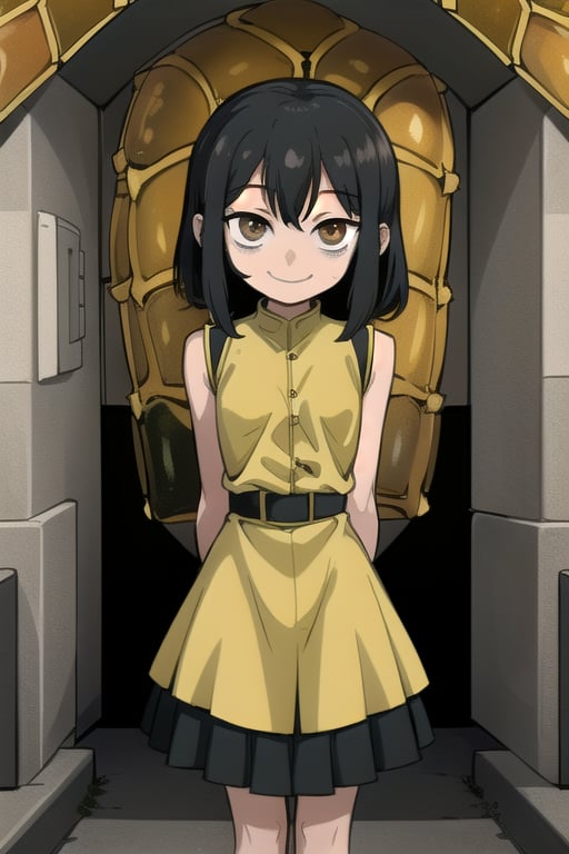 masterpiece, best quality, (solo:1.1), 1girl ,looking at viewer,in yellow and black style,( arms behind back :1.3),(loli:1.3),black hair, mesugaki, ,(fusion of honeycomb and military dress:1.2),smile,scenery,tunnel background