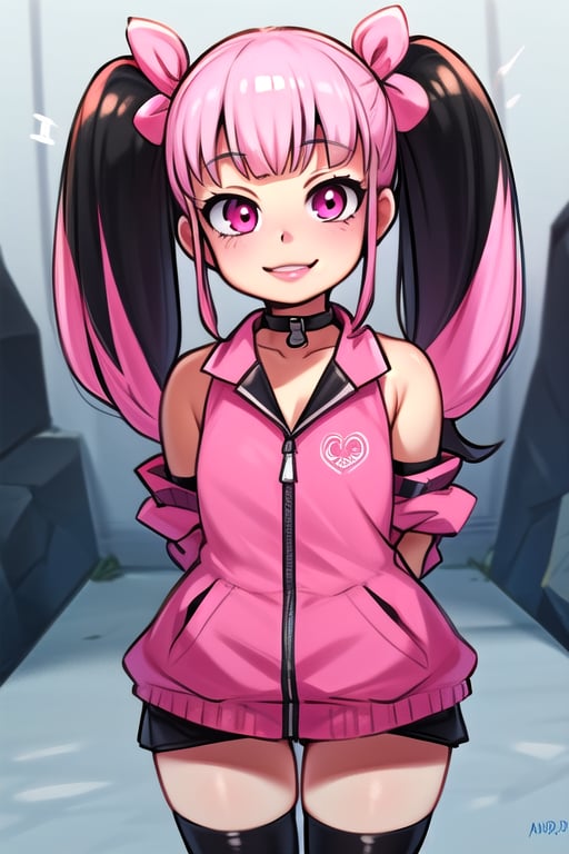 masterpiece, best quality,solo, cosplay, 1girl, black  hair,little girl,loli,mesugaki,looking at viewer,smile,in dark hole, arms behind back ,choker,off_shoulders,pink  streaked hair, twin_tails,collared_shirt,cropped_jacket,blue elbow_gloves,