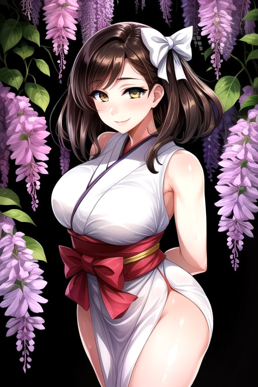 masterpiece, best quality, (solo:1.1), 1girl , arms behind back,looking_at_viewer,japan_dress,brown hair,white bows,wisteria forest background,symmetrical,in purple and black style,obi,smile,curvy