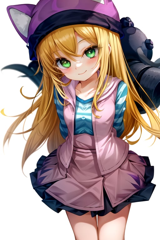 masterpiece, best quality, (solo:1.3), 1girl, loli, arms behind back,looking_at_viewer,OrimotoIzumi,  purple vest,horizontal striped shirt, beanie, cat hat, green eyes, purple  skirt,smile, blonde,