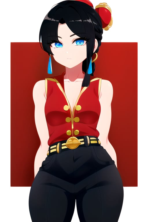 masterpiece, best quality, (solo:1.1), 1girl ,looking at viewer,(arms behind back :1.3),  collarbone, blue eyes,sleeveless dress, , red china clothes,black long pants, black hair,curvy,belt,single braid