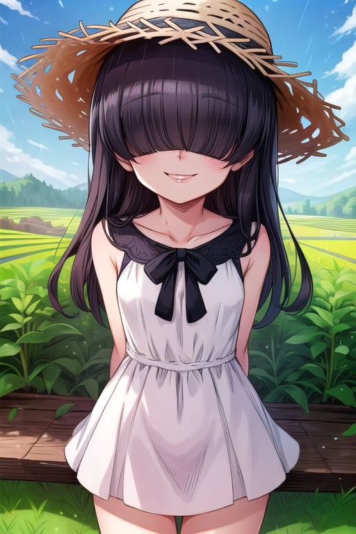 masterpiece, best quality, solo, 1girl,arms behind back,loli,rain, small_breast, smile,(dusk:1.3), Beside the rice fields,black_hair white dress,straw hat,covering eyes, shading eyes, no eyes, 