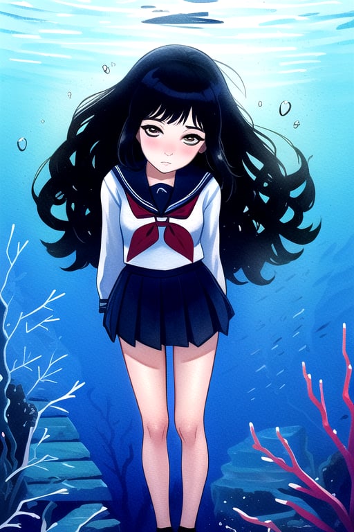 masterpiece, best quality, (solo:1.1), 1girl ,looking at viewer,in red and black style,( arms behind back :1.3),fish, stairs, scenery, solo, skirt, railing, black hair,  underworld, like aquarium, school uniform, long wavy hair, underwater, serafuku, wide shot, jellyfish, pleated skirt, bubble, coral, underworld,watercolor,shaonv,kawaiitech,Underwater world,