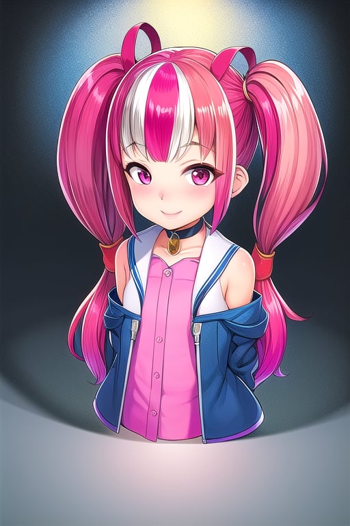 masterpiece, best quality,solo, cosplay, 1girl, black  hair,little girl,loli,mesugaki,looking at viewer,smile,in dark hole, arms behind back ,choker,off_shoulders,pink  streaked hair, twin_tails,collared_shirt,cropped_jacket,blue elbow_gloves,