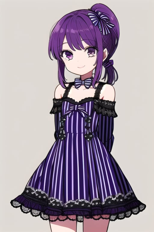 masterpiece, best quality, (solo:1.3), 1girl , arms behind back,looking_at_viewer,loli,mini_girl,purple_hair,long_sleeves,long_ponytail,smile,sleeveless dress, whitedress, flat chest,hair_ornament, bowtie, collar, off_shoulder, lace, striped,in fashion show,on catwalk