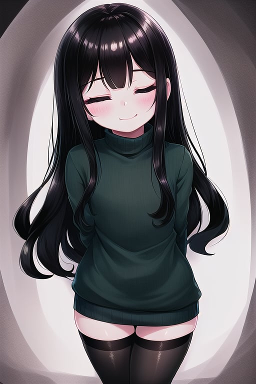 masterpiece, best quality, solo, 1girl, (arms behind back:1.1),loli,dark tunnel,looking at viewer,long_hair,  black_hair, closed_eyes,green sweater,smile,  sleeves_past_wrists,  turtleneck, closed_mouth, bangs, flat_chest,long_sleeves,stockings,oversized_clothing,