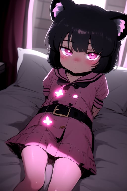 masterpiece, best quality, solo,looking at viewer, 1girl, raccoon dog girl, arms behind back , looking at viewer, various fluttering ribbons,in bedroom,(loli:1.3), in black and pink style, night, eyes glowing,belt,