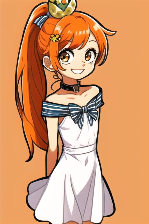 masterpiece, best quality, (solo:1.3), 1girl , arms behind back,looking_at_viewer,loli,mini_girl,orange_hair,long_ponytail,smile,sleeveless dress, whitedress, flat chest,hair_ornament, bowtie, collar, off_shoulder,lace, striped,in ice cubes