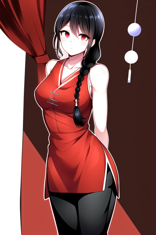 masterpiece, best quality, (solo:1.1), 1girl ,looking at viewer,(arms behind back :1.3),  collarbone,sleeveless dress, , red chinese dress,black long pants, black hair,curvy,black obi,(single braid:1.3),wind_chime theme