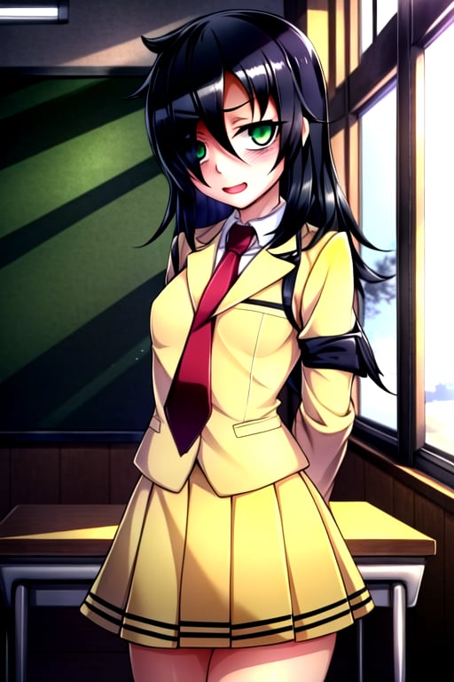 masterpiece, best quality, (solo:1.3), 1girl , arms behind back,looking_at_viewer,long hair, black-hair,hair over in one eye,school uniform, classroom,bags under eyes, watamote,loli,necktie, yellow jacket,yellow skirt ,green-eyes,embarassed endured_face, ahegao, 