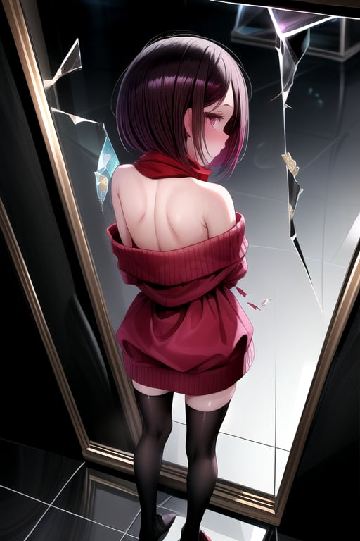 masterpiece, best quality, (solo:1.1), 1girl , arms behind back,looking_at_viewer,horror theme,sweater,(mini_girl:1.3), off_shoulder,loli,black stockings, reflection,broken glass,red scarf,short_hair,IncrsBrknGls