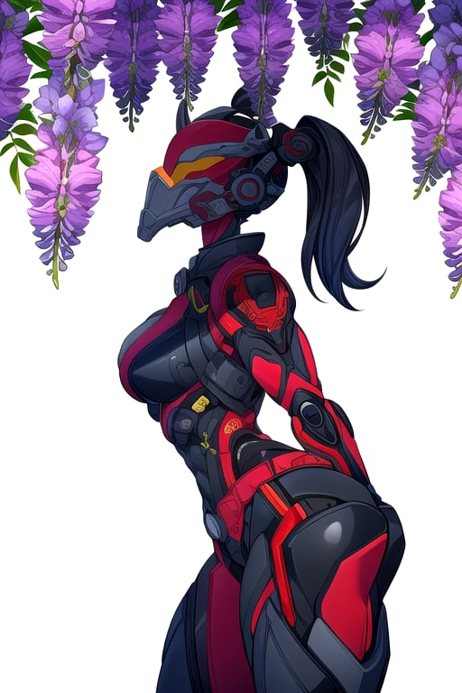 masterpiece, best quality, (solo:1.3), 1girl , arms behind back,looking_at_viewer,mechanical,HXARMOUR,mechanical suit,dog mask,muscular,wisteria tree background,symmetrical