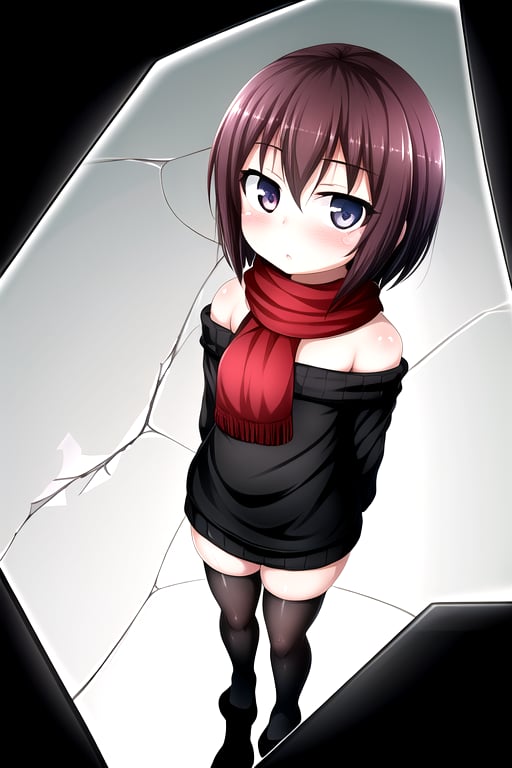 masterpiece, best quality, (solo:1.1), 1girl , arms behind back,looking_at_viewer,horror theme,sweater,(mini_girl:1.3), off_shoulder,loli,black stockings, reflection,broken glass,red scarf,short_hair,