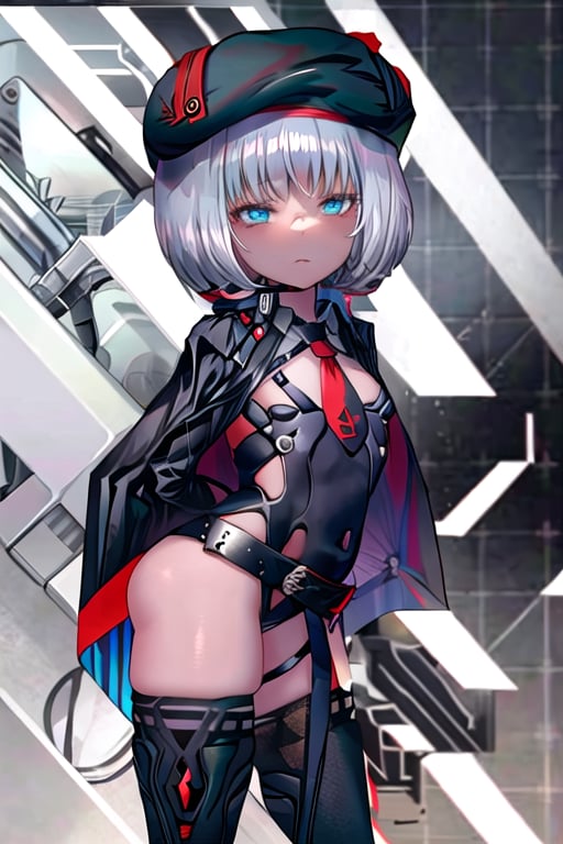 masterpiece, best quality, solo, 1girl, (arms behind back:1.1),loli,dark tunnel,looking at viewer, vesti (nikke),red necktie,black bodysuit, black thighhighs, cape, long sleeves, beret, black shorts,belt