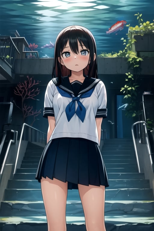 masterpiece, best quality, (solo:1.1), 1girl ,looking at viewer,in red and black style,( arms behind back :1.3),fish, stairs, scenery, solo, skirt, railing, black hair, standing in a room watching outside is a underworld, like aquarium, school uniform, long wavy hair, underwater, serafuku, wide shot, jellyfish, pleated skirt, bubble, coral, underworld,watercolor,shaonv,kawaiitech,Underwater world,