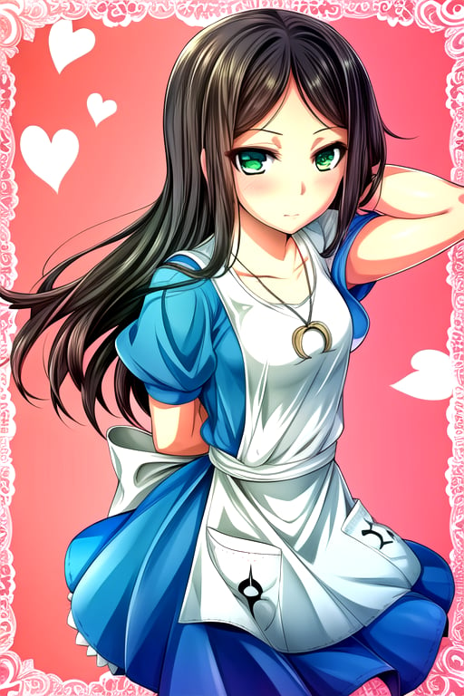 masterpiece, best quality, (solo:1.3), 1girl , arms behind back,looking_at_viewer,long hair, black-hair,loli, dress,mcgeealice,apron,jewelry,striped pantyhose,scattered cards background,necklace