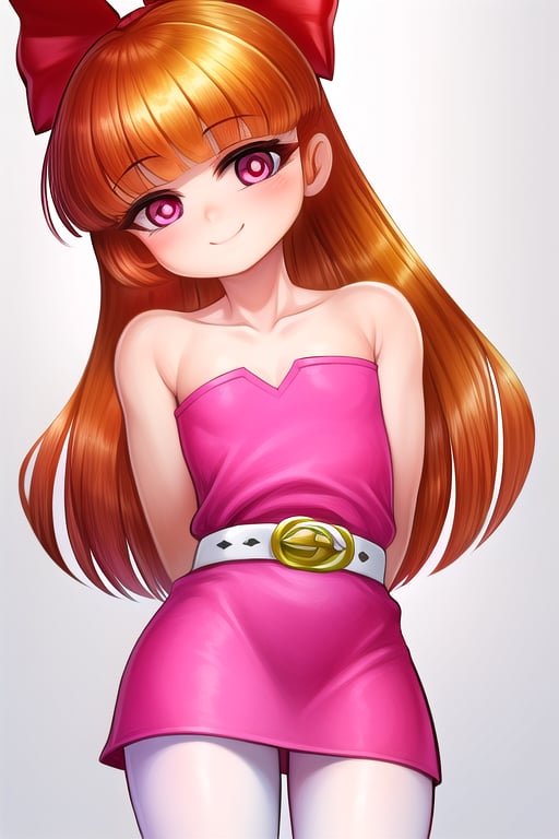 masterpiece, best quality,solo,1girl, looking at viewer, (arms behind back:1.3),(blossom),loli,little girl,pink dress,white stockings,smile,long_hair,black belt,sleeveless,orange_hair,flat_chest,pink eyes,collarbones,blunt_bangs,red bow on head,curvy,straight hair, strapless