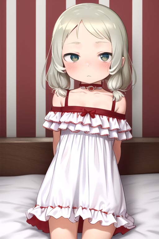 masterpiece, best quality, solo,looking at viewer, 1girl, arms behind back , looking at viewer, in bedroom,(loli:1.3), in white and red style, night, sleeveless dress, (horizontal stripes:1.2), off_shoulder, 