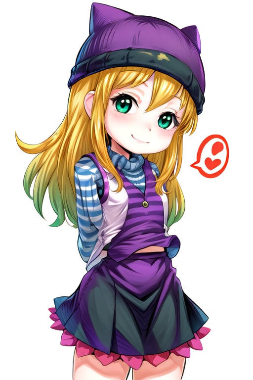 masterpiece, best quality, (solo:1.3), 1girl, loli, arms behind back,looking_at_viewer,OrimotoIzumi,  purple vest,horizontal striped shirt, beanie, cat hat, green eyes, purple  skirt,smile, blonde,