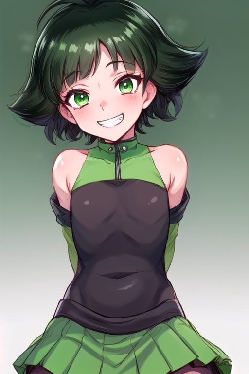 masterpiece, best quality,solo,1girl, looking at viewer, arms behind back,(buttercup),loli,green and black style,green skirt,bare_legs,green bodysuit,black_hair,bareshoulders,green eyes,grin,messy hair,black waistband,short_hair,colored inner hair, mesugaki, 