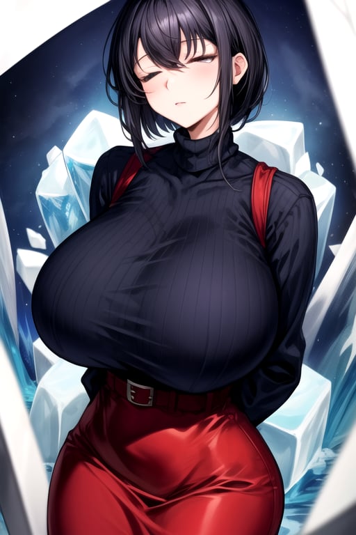 masterpiece, best quality, (solo:1.3),gigantic_breast, in ice of cube ,arms behind back,short_hair, black_hair, black_eyes, looking_at_viewer, half-closed_eyes,red skirt,curvy,blue turtleneck,long_sleeves,belt,