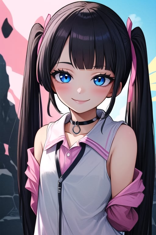 masterpiece, best quality,solo, cosplay, 1girl, black  hair,little girl,loli,mesugaki,looking at viewer,smile,in dark hole, arms behind back ,choker,off_shoulders,pink  streaked hair, twin_tails,collared_shirt,cropped_jacket,blue elbow_gloves,