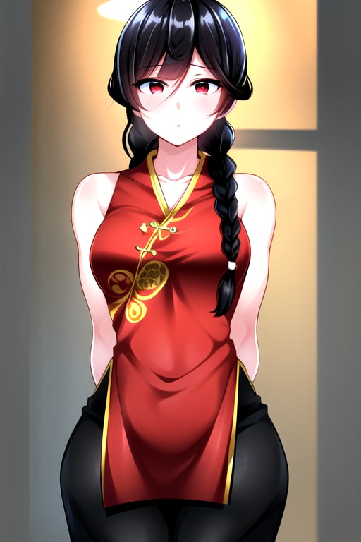 masterpiece, best quality, (solo:1.1), 1girl ,looking at viewer,(arms behind back :1.3),  collarbone,sleeveless dress, , red chinese dress,black long pants, black hair,curvy,black obi,(single braid:1.3),wind_chime theme