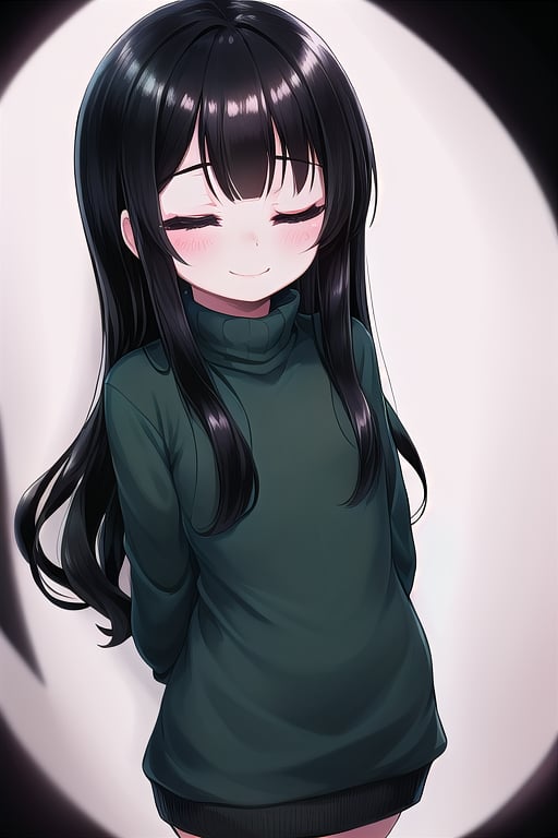 masterpiece, best quality, solo, 1girl, (arms behind back:1.1),loli,dark tunnel,looking at viewer,long_hair,  black_hair, closed_eyes,green sweater,smile,  sleeves_past_wrists,  turtleneck, closed_mouth, bangs, flat_chest,long_sleeves,stockings,oversized_clothing,