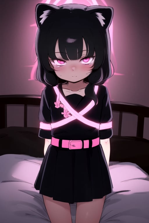 masterpiece, best quality, solo,looking at viewer, 1girl, raccoon dog girl, arms behind back , looking at viewer, various fluttering ribbons,in bedroom,(loli:1.3), in black and pink style, night, eyes glowing,belt,